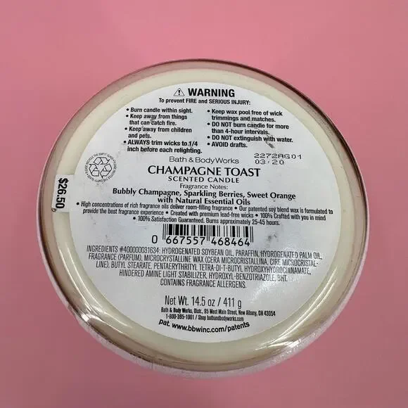Champagne Toast Candle Bath and Body Works 3 Wick Jar 14.5 oz 411g - Picture 3 of 3